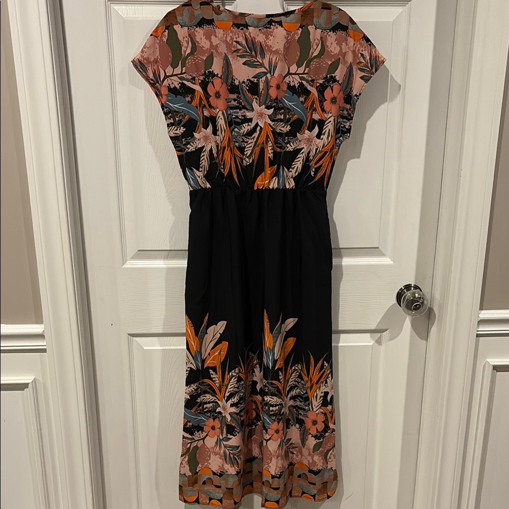 NWOT Floral Black and Orange elastic waist Women's Dress - Picture 6 of 13
